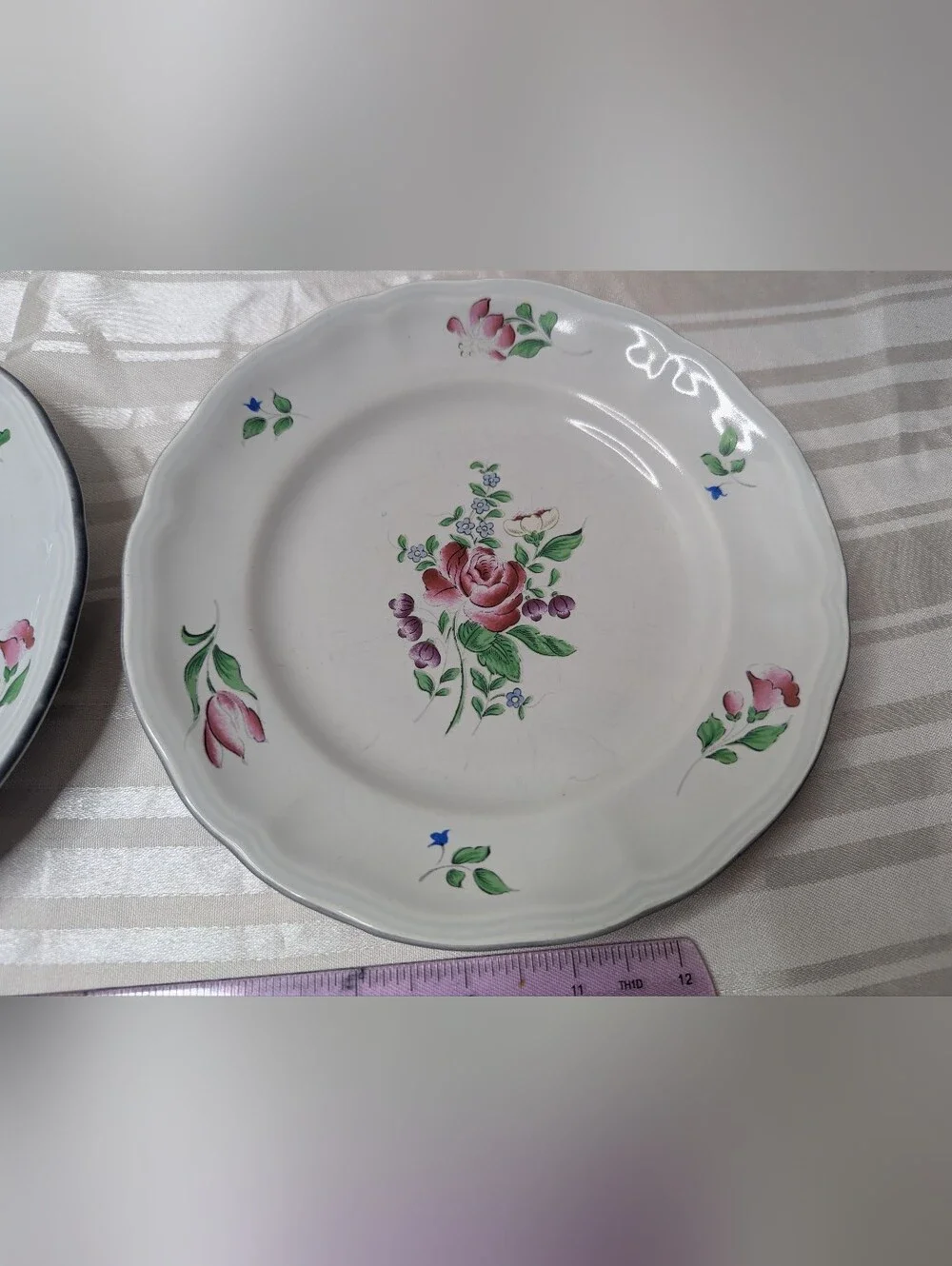 K&G Luneville Old Strasbourg Plates France Antique Off White Pink Floral Cottage